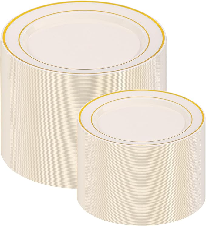 I00000 200 Pcs Gold and Ivory Plastic Plates, Ivory Disposable Party Plates Include 100 Dinner Plate 10?쇺?and 100 Plastic Dessert Plate 7?쇺?Perfect for Birthday, Party & Wedding