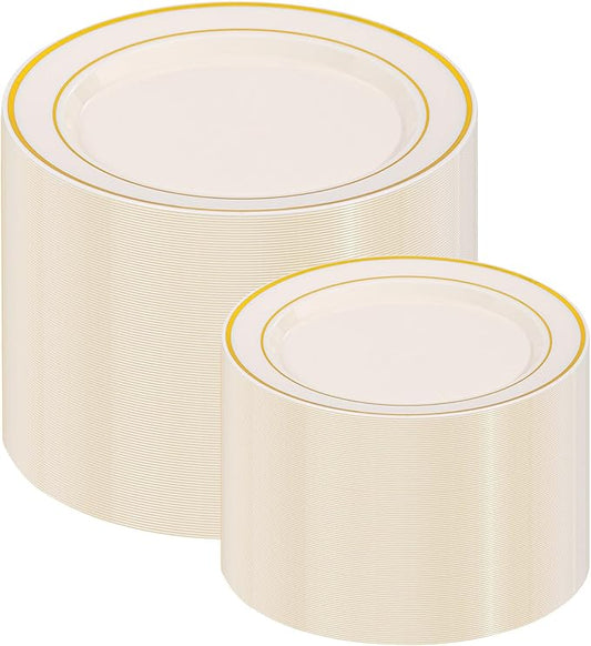 I00000 200 Pcs Gold and Ivory Plastic Plates, Ivory Disposable Party Plates Include 100 Dinner Plate 10?쇺?and 100 Plastic Dessert Plate 7?쇺?Perfect for Birthday, Party & Wedding