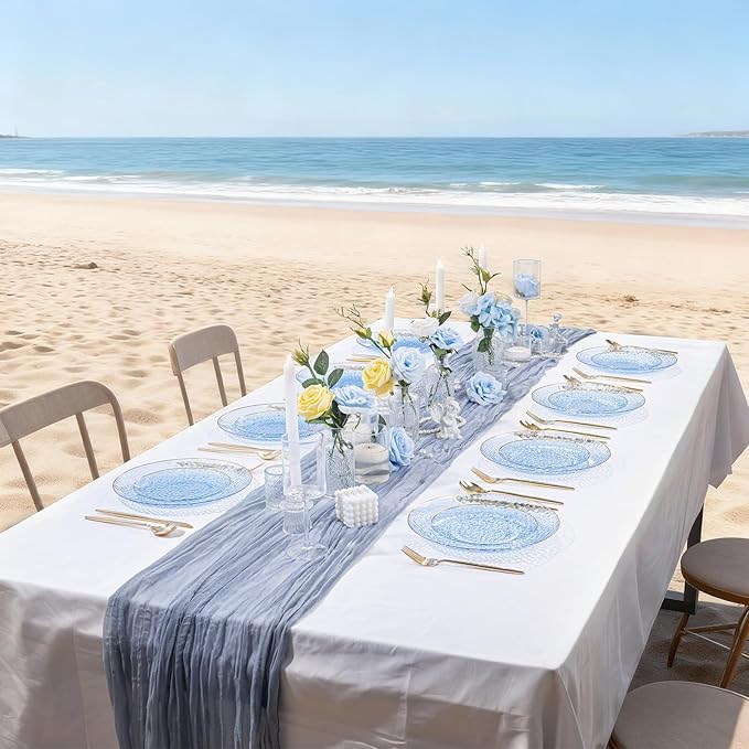 SUT 100Pcs Blue Plastic Plates, Hammered Plates Disposable Heavy Duty, Blue Disposable Plates With Gold Rim, Fancy Plastic plates Include 50 Dinner plate and 50 Dessert plates for Wedding