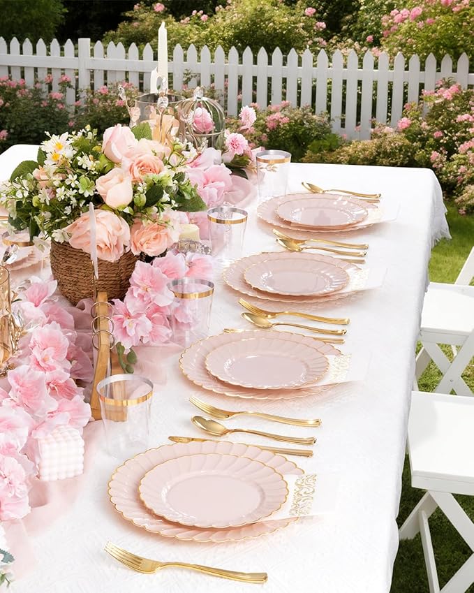 YOUBET 100PCS Pink Scalloped Plastic Plates - Heavy Duty Gold Disposable Fancy Hard Plates Include 50 Dinner Plate, 50 Dessert Plate, for Wedding & Party Valentines Day