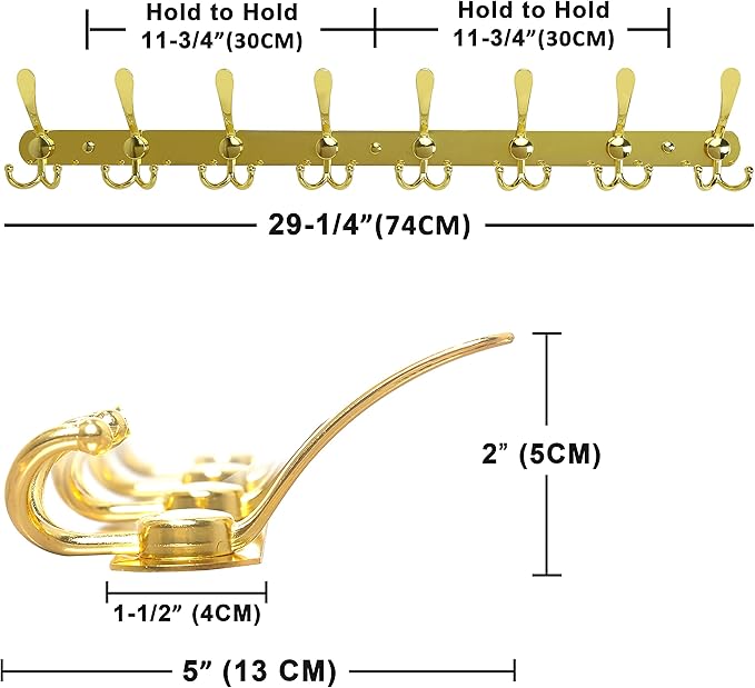 Dseap Coat Rack Wall Mount - 29.5??Long 8-Tri-Hooks Heavy Duty Coat Hanger Rail Wall Hooks for Hanging Coats Hats Clothing Clothes Purse Mudroom Entryway, Gold, Pack of 2