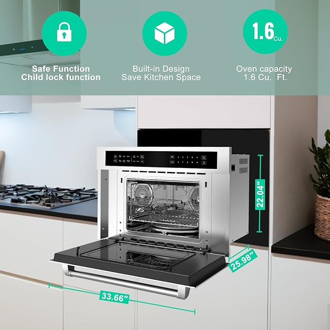 30Inch Microwave Convection Oven, 1.6 Cu. Ft. Built-In Microwave Oven with Air Fryer, Child Safety Lock, Drop Down Door, Touch Control, for Versatile Cooking Solutions