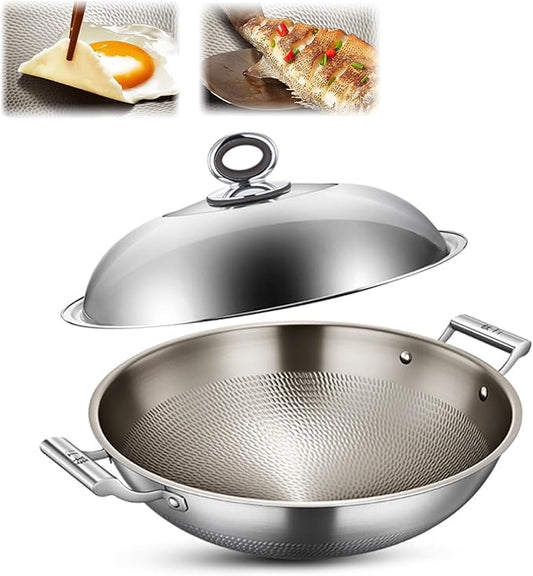 Titanium Hammered Wok with Double Handles, 2026 New Multifunctional Ultra-Durable Scratch-Resistant Non Stick Even Heating Titanium Wok for Cooking,With lid,17.72IN