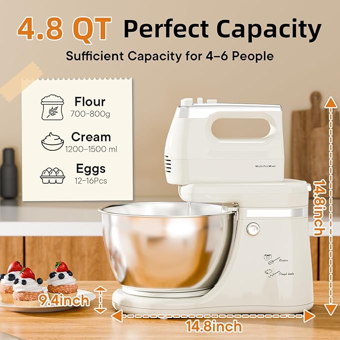 Stand Mixer Hand Mixer Electric Kitchen - 4.8 QT Smart Auto-Rotating Bowl & Beater Standing Mixer, 5-Speed Tilt-Head Household Mixer with Beaters & Dough Hooks for Baking,White