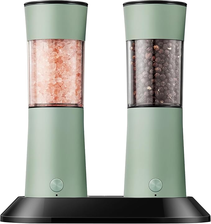 Electric Salt and Pepper Grinder Set?밬SB-C Rechargeable Charging Base Pepper Mill, Dual LED Light, Adjustable Coarseness,One-Handed Operation, Stainless Steel Sage Green Finish,2pack