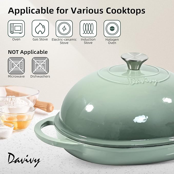 Davivy 6QT Oval Bread Dutch Oven with Silicone Oven Mitts, Enameled Cast Iron Bread Cloche Dutch Oven for Sourdough 6QT, Cast Iron Sourdough Bread Baking Pan with Domed Lid - Sea Salt Green