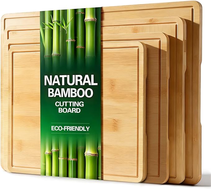 Zarler Bamboo Cutting Boards for Kitchen, 4 Piece Durable Wood Cutting Board with Juice Grooves and Handles, Wooden Chopping Borad Set for Meal Prep, XL Size, Ideal Kitchen Gift