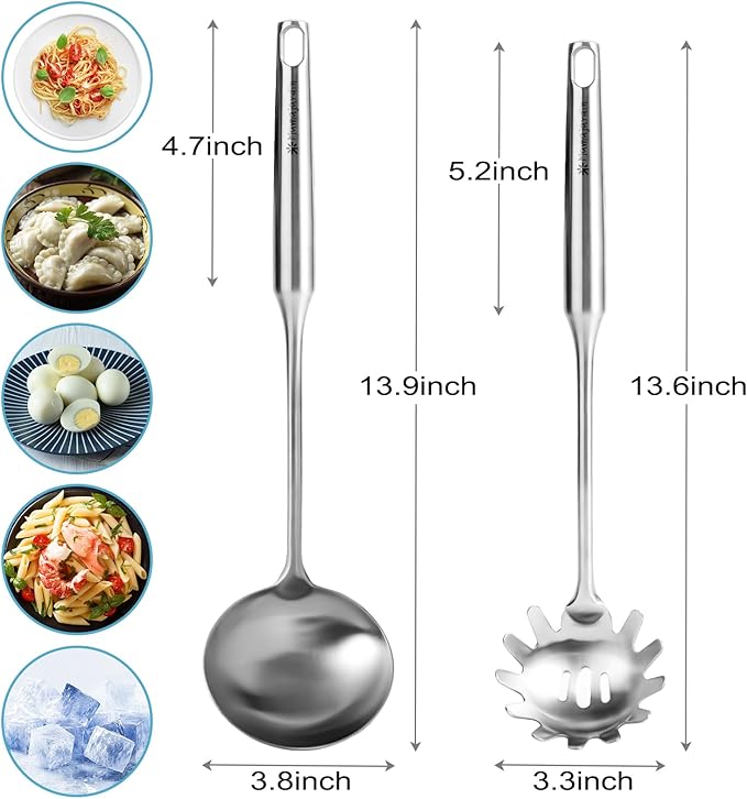 Stainless Steel Soup Ladle and Spaghetti Spoon Set - Large Ladle Spoon, Pasta Strainer, Durable Kitchen Cooking Utensils for Stirring, Serving Pasta, Soup & Sauce竊똂hristmas Gifts