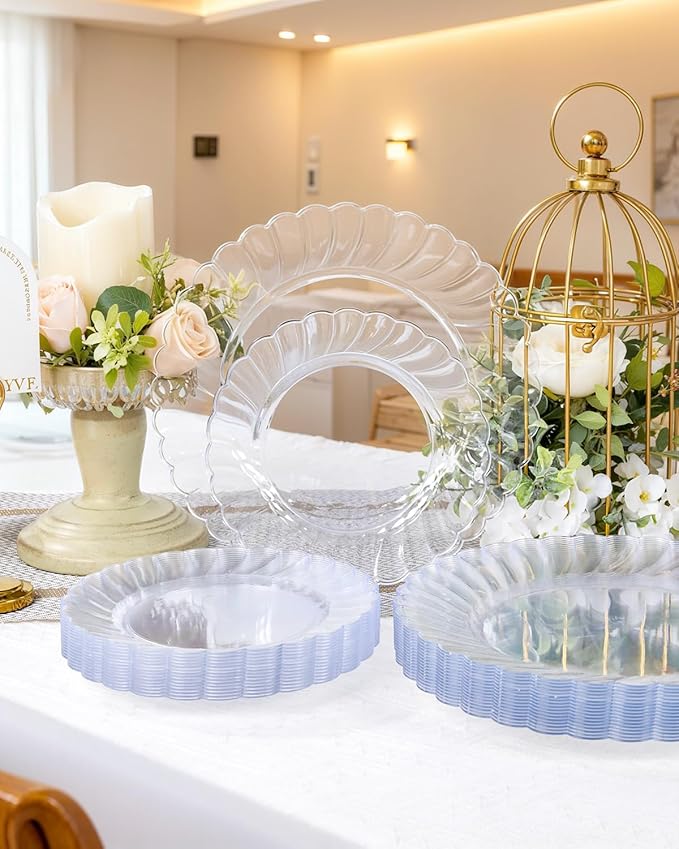 YOUBET 100PCS Clear Scalloped Plastic Plates - Heavy Duty Clear Disposable Plates, Fancy Hard Scalloped Plates Include 50 Dinner Plate, 50 Dessert Plate, for Wedding & Party