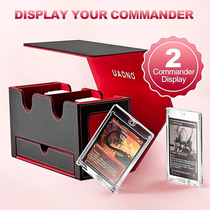 Card Deck Box for MTG, Double Card Storage Box with 2 Commander Display & 1 Dice Tray, Fits 200+ Double Sleeved Cards, Card Organizer for CCG TCG Sports Cards (Black Red)