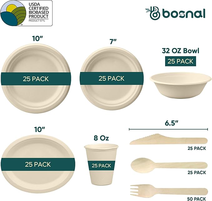 BOSNAL 10 inch & 7 inch Round Plates, 10 inch Oval Plates, 32 oz Bowls & 8 oz Cups with Lidss & Cutlery ??100% Plant-Based Bagasse, Eco-Friendly, Compostable, Microwave Safe, Durable Dinnerware Set