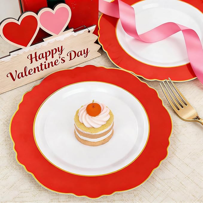 WDF 60pcs Red Christmas Plastic Plates with Gold Rim - 10.25inch Red Dinner Plates Disposable Plates Table Decor for Valentine's Day
