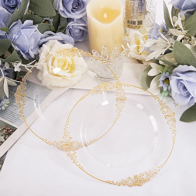 Morejoy 100pcs Gold Plastic Plates - Clear Gold Disposable Plates - 7.5 inch clear and gold dessert plates, Clear Plastic Plates with Gold Rim for Weddings & Parties & Shower