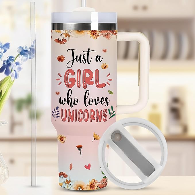 AGGLOMEKC Personalized Cute Unicorn Cup - Mother's Day Birthday Gift For Animal Lovers - Just A Girl Who Loves Unicorn Tumbler 40oz With Custom Name - Pet Lover Gifts For Women, Her