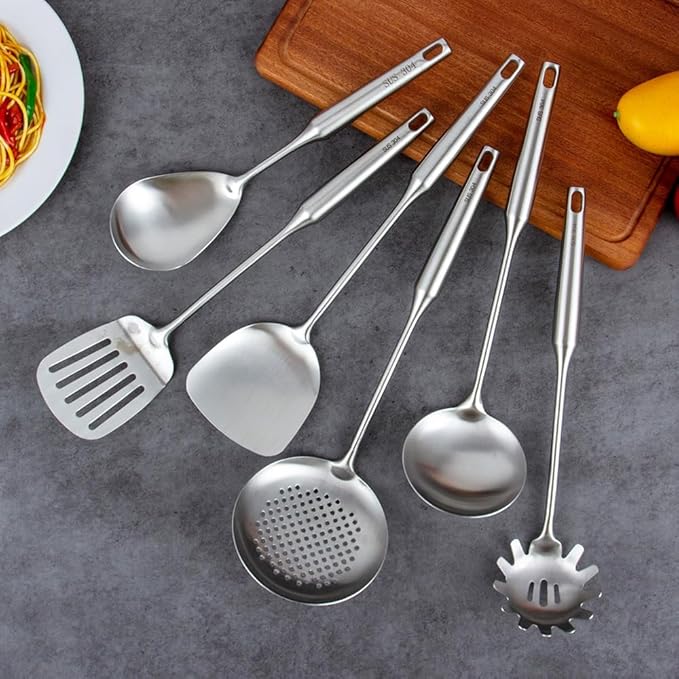 304 Stainless Steel Kitchen Utensils Set, VALESKA 6 PCS Metal Cooking Utensils Set, metal spoon,Wok Spatula, Ladle, Skimmer Slotted Spoon,Serving Large Spoon, Slotted Spatula Tunner