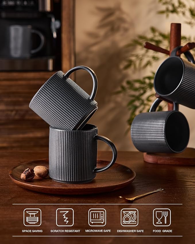 famiware Coffee Mug Set for 6, Star 16 oz Catering Mugs Cup Set with Handle for Coffee, Tea, Cocoa, Milk - Ceramic Stoneware Drinkware Set, Matte Dark Charcoal