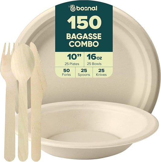 BOSNAL 10 Inch Round Plates with 16 oz Bowls & Cutlery ??25 Plates, 25 Bowls, 25 Spoons, 25 Knives & 50 Forks, 100% Plant-Based Sugarcane Bagasse, Eco-Friendly, Compostable, Microwave Safe & Durable