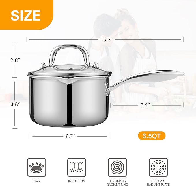 Tri-Ply Stainless Steel Sauce Pan with Steamer Basket & Straining Glass Lid ??Heavy-Duty,Thick Base,Rust-Resistant,Warp-Free ??00% Food-Grade ?볿uilt to Last??Works with All Stovetops, Pasta Pot 3.5 QT