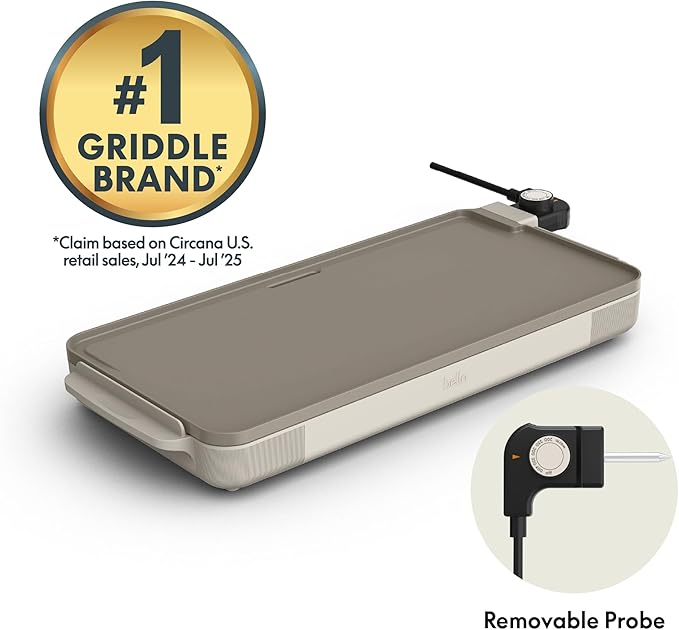 bella 12" x 22" Electric Griddle with EverGood??Ceramic Nonstick Coating, Removable Temperature Probe, Dishwasher-Safe Drip Tray & Cool Touch Handles, Cook up to 15 Eggs, 1500 Watt, Oatmilk