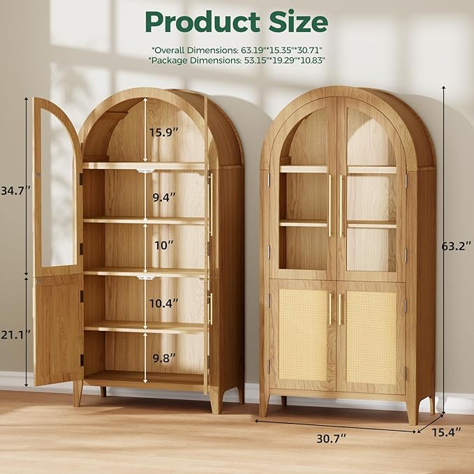 63??Arched Kitchen Pantry Cabinet ??5-Tier Modern Farmhouse Storage Cabinet w/Glass & Fluted Doors, Adjustable Shelves Bookcase for Kitchen, Living Room, Entry, Office, Engineered Wood, Oak