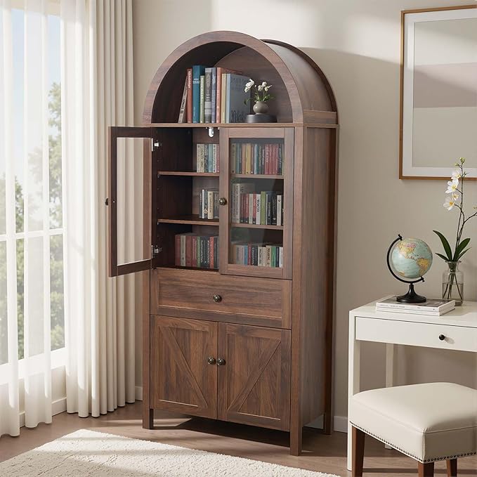 71" Tall Arched Cabinet, Arched Kitchen Pantry with Glass Doors & Shelves, Modern Display Storage Cabinets with Drawers, Wooden Pantry Cabinet for Living Room, Dining Room or Kitchen, Walnut