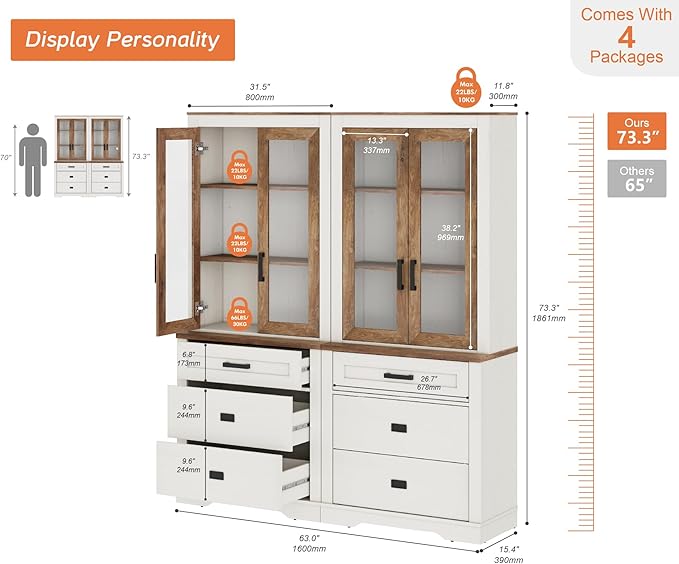 WAMPAT 2 Column 3 Tier Pantry Cabinet with Drawer,73.3" Tall Floor Standing Cupboard,Modern Farmhouse Kitchen Buffet with Adjustable Shelves and Glass Door for Dining Room,Living Room,White Oak