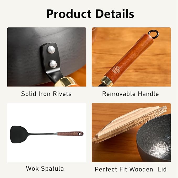 WANGYUANJI Iron Wok 8.7 Inch Deep Frying Skillet with Wooden Lid ??Versatile Flat Bottom Stir-Fry Pan, Chemical-Free & Induction Compatible, Ideal Wrought Iron Small Wok for Home, Chef & Pro Use