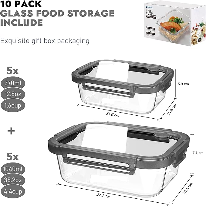 10-Pack Glass Food Storage Containers with Tempered Lids ??Borosilicate, Airtight, Oven-Safe (-4째F~950째F), BPA-Free, 4.4 & 1.6 Cup, Leak-Proof, Dishwasher Safe (Gray)