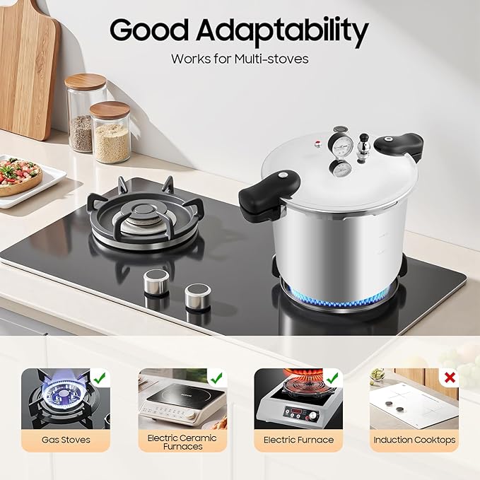 Pressure Canner Cooker, 23 Quart Large Capacity Aluminium Thickened Explosion-proof Electric Pressure Canner Commercial Manual Canning Cookware w/Gauge Release Valve for Gas, Electric