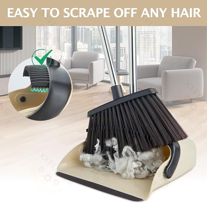 Broom and Dustpan Set with Long Handle, Heavy Dust Broom and Dustpan Combo for Home竊똊itchen, Office, Pet Hair(Beige)