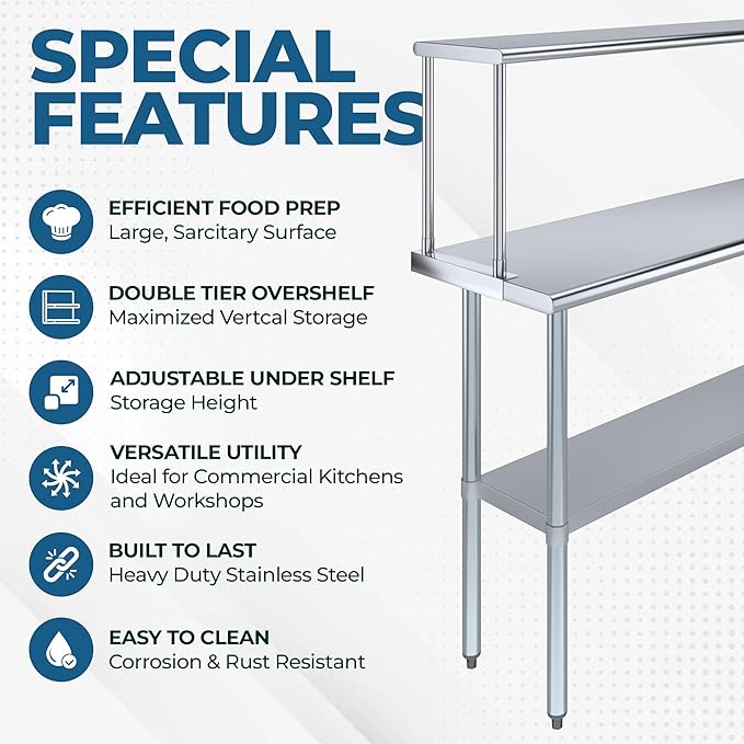 Stainless Steel Work Table with Wide Single Tier Overshelf | Metal Kitchen Prep Table & Shelving Combo (18" x 60" Work Table + 12" Overshelf)