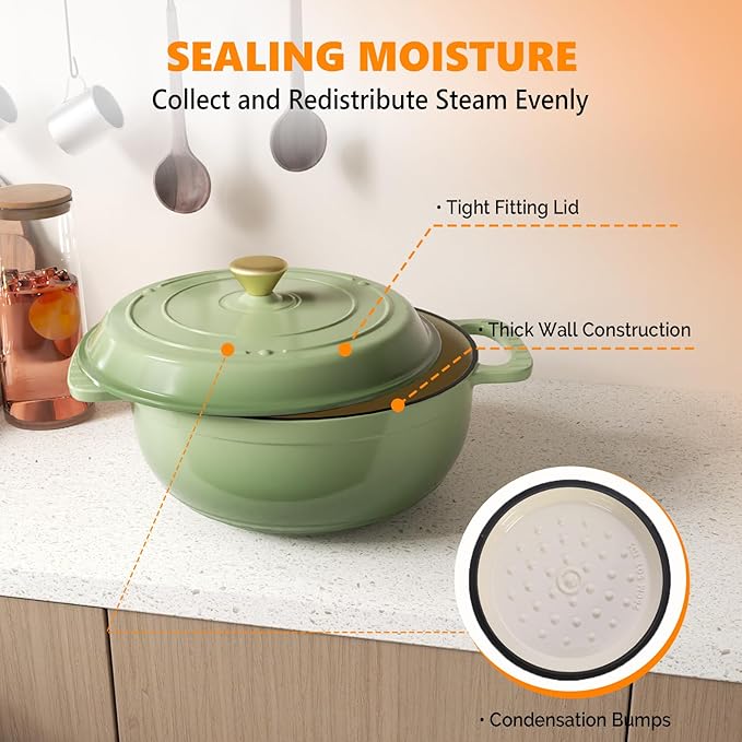 Bonnlo 6QT Round Dutch Oven, Enameled Cast Iron Dutch Oven Pot with Lid & Dual Handles, Oven Safe Up to 500째 F, for Sourdough, Bread Baking, Stews and Roasting, Green