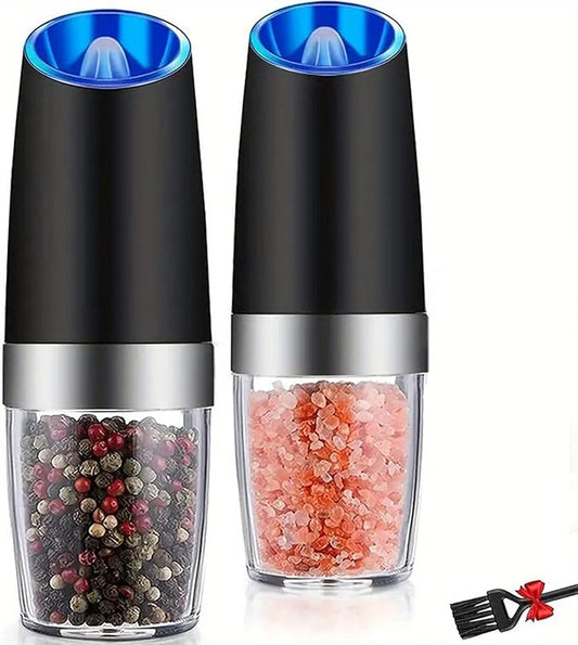 Gravity Electric Salt and Pepper Grinder Set - 2 Pack Automatic Mills with Adjustable Coarseness, LED Light, Battery Powered, One-Handed Use (Black) (Black+Black (Includes Cleaning Brush))