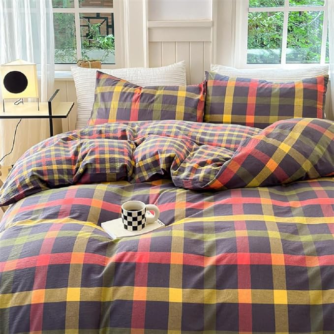 LifeTB Full Comforter Set Geometric Checkered Pattern Comforter Multicolor Grid Plaid Gingham Bedding Comforter Set Fluffy Soft Lightweight Bedding 3 Pieces Grid Bed Comforter with 2 Pillowcases