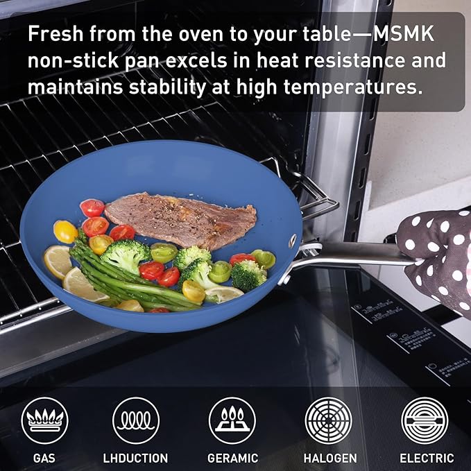 MsMk 5-Piece Ceramic Non Stick Pans Set 8, 10, 12 Inch Frying Pans, 10inch and 12 Inch with Tempered Glass Lids, Stay-Cool Handles, Oven Safe 700?? Compatible with All Cooktops