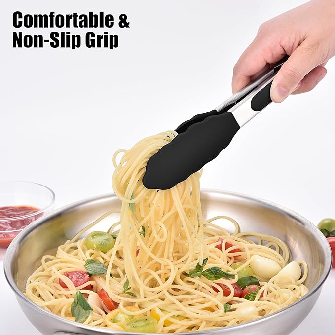 Doosu Kitchen Tongs for Cooking - 600째F Heat Resistant Food Tong with Non-Scratch Silicone Tips, Heavy Duty Stainless Steel Locking Tong for BBQ, Grilling Steak, Serving Salad, Pasta (7in, Black)