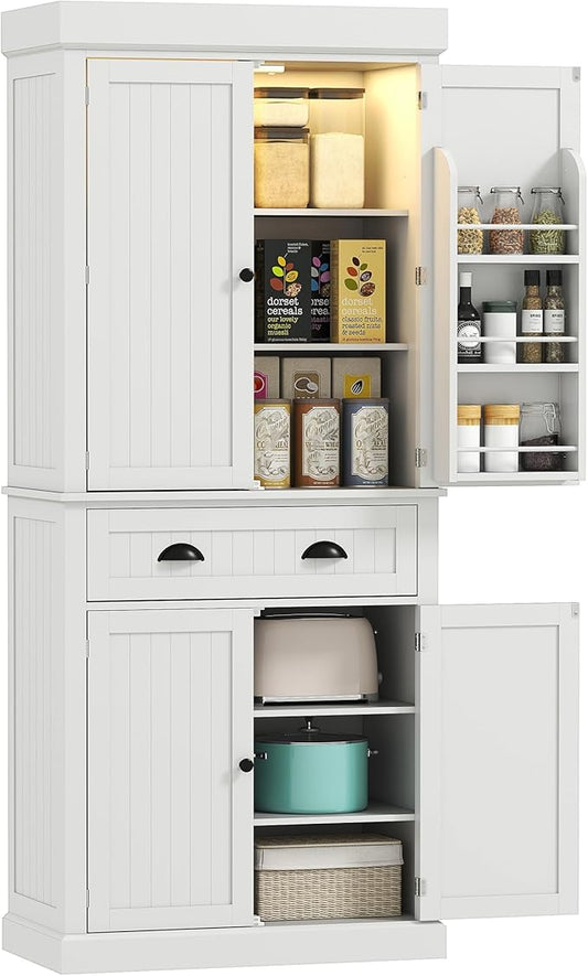 HOMCOM 71" Kitchen Pantry Cabinet with LED Motion Sensor Light, Tall Storage Cabinet with 6 Door Shelves, Drawer & Adjustable Shelves, for Living & Dining Room, White