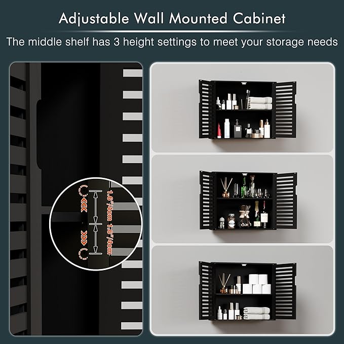 HITNET Black Bathroom Storage Cabinet, Hanging Medicine Cabinet with Adjustable Shelf, Bamboo Over The Toilet Wall Mounted Space Saver Organizer, Double Doors