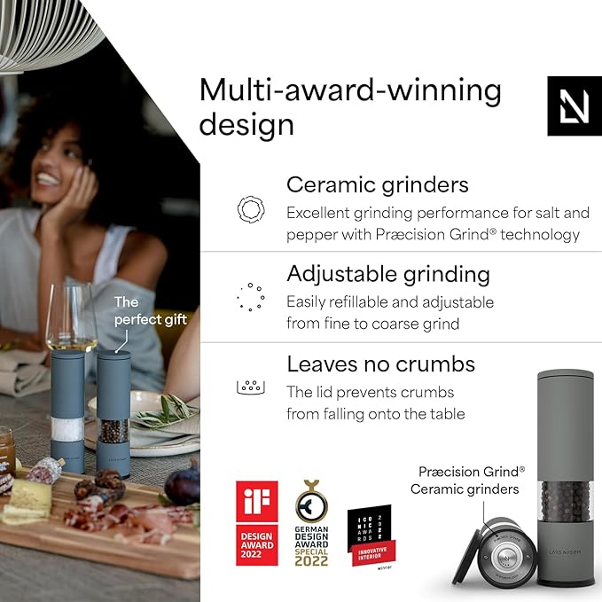 LARS NYS횠M Salt and Pepper Grinder Set Manual, Stainless Steel Salt and Pepper Mills with Adjustable Ceramic Grinder I Design Spice Shakers (Ash Gray)