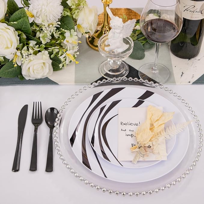 EI 60pcs Black and White Plastic Plates for Party,Black Rim Disposable Plates,Fancy Plastic Dinner Plate,Disposable Dessert Plate for Famiily Event,Wedding,Afternoon Tea,Business Events,Hotel