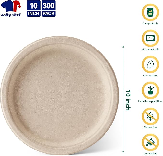 JOLLY CHEF Compostable Heavy Duty Plates ?윮?윭 ?뿙?뿻?뿰?뿵 [?윲?윭?윭 ?뿣?뿮?뿰?뿸] Eco-Friendly Disposable Paper Plates Made of Bagasse Biodegradable Bulk for Party Dinner Sugarcane Thanksgiving Day (Natural)