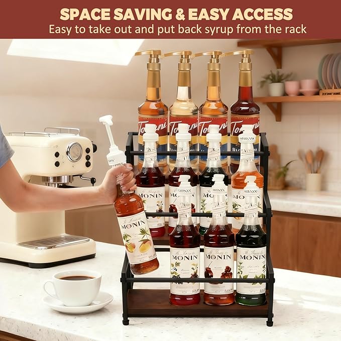 Coffee Syrup Rack Organizer - Metal Bottle Holder for 12 Bottles ??Rustic Countertop Display Shelf for Coffee Bar, Kitchen Cabinet, Pantry Storage for Syrups, Liquor, Spice, Tea & Wine (3-Tier)