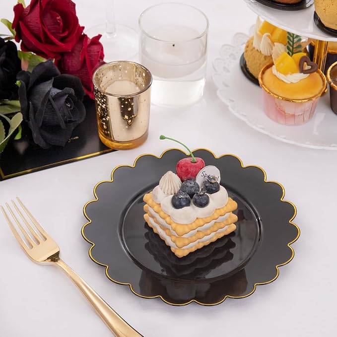 SUT 72 PCS Black Plates,Black Plastic Plates with Gold Rim, plastic Plate for Party, 7.5 inch Dessert plate, Disposable plate for Party