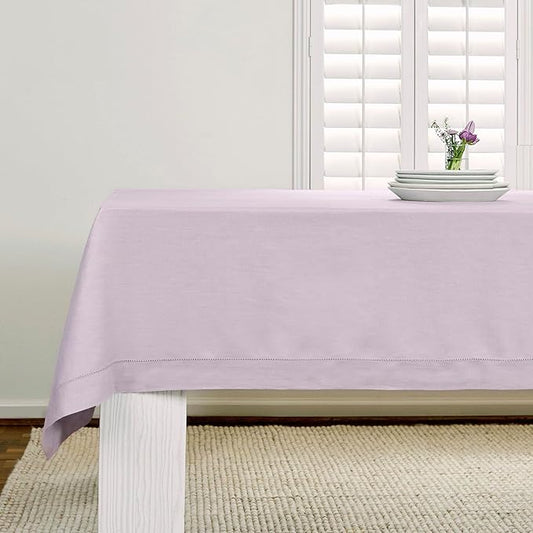 Solino Home Lilac Linen Tablecloth 60 x 132 Inch - 100% Pure Linen Hemstitch Table Cloth for Rectangle Tables - Classic Hemstitch, Machine Washable Tablecloth for Valentines, Spring, Easter