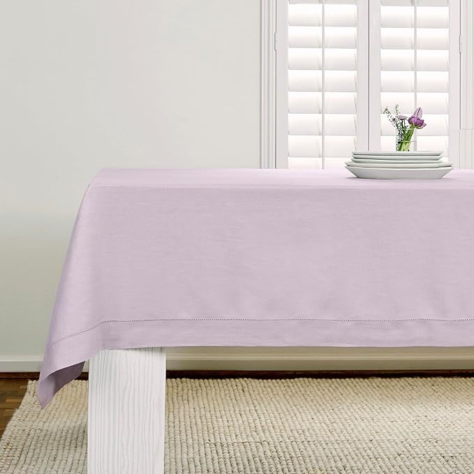 Solino Home Lilac Linen Tablecloth 60 x 90 Inch - 100% Pure Linen Hemstitch Table Cloth for Rectangle Tables - Classic Hemstitch, Machine Washable Tablecloth for Valentines, Spring, Easter
