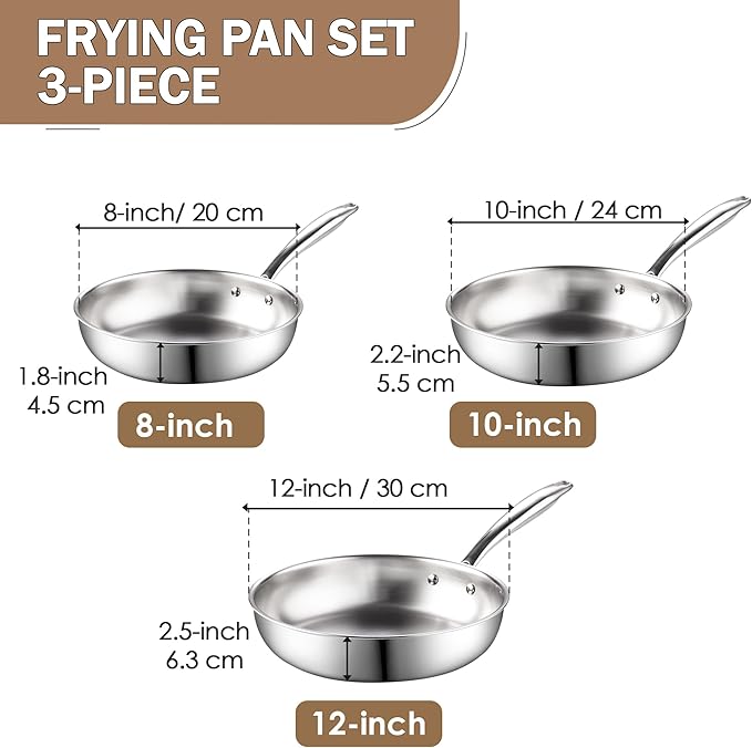 Cook N Home Stainless Steel Frying Pan Set, 8-inch, 10-inch, 12-inch Fry Pan, Tri-Ply Clad 18/10 Stainless Steel Skillet Saut챕 Cooking Pan, Induction Cookware, 3-Piece