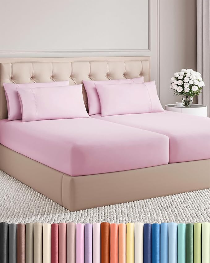 Split King 7 Piece Sheet Set - Cooling & Breathable Bed Sheets - Hotel Luxury Bed Sheets for Women, Men, Kids & Teens - Deep Pockets - Easy Fit - Soft and Wrinkle Free - Split King Light Pink Sheets