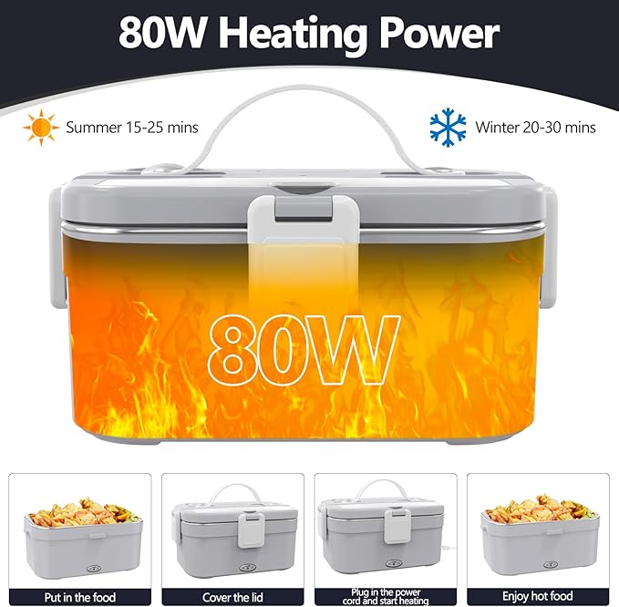 HaureiGi Electric Lunch Box for Adults, 80W Portable Warmer Leakproof Food Heater for Car Truck Work, 1.8L Heated LunchBoxes with Insulated Lunch Bag 12V 24V 110V(Gray)