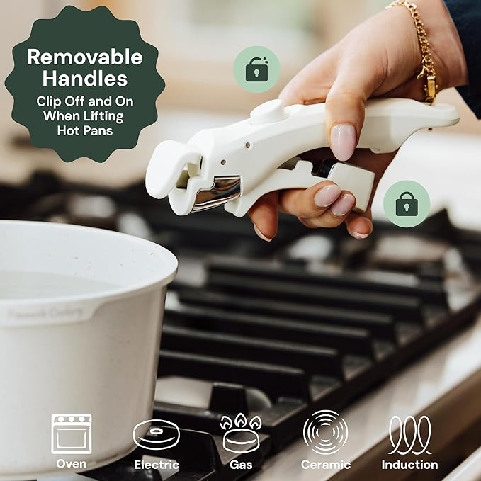 15-Piece White Granite Nonstick Cookware Set ??Detachable Handles & Tempered Glass Lids ??Stackable & Cool-Touch - Induction & Oven Safe to 480째F - Scratch-Resistant, PFOA & PFOS-Free
