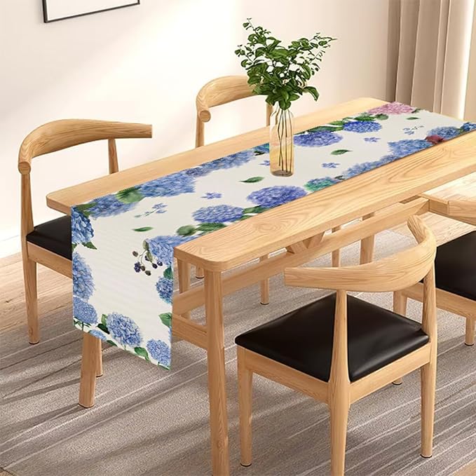 ZCHOMI Purple Hydrangea Table Runner 13x72 Inch Seasonal Spring Summer Green Plants Kitchen Dinning Table Decoration for Indoor Outdoor Birthday Home Party Decor